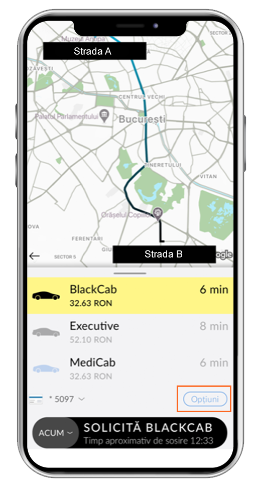 black cab app - optiuni