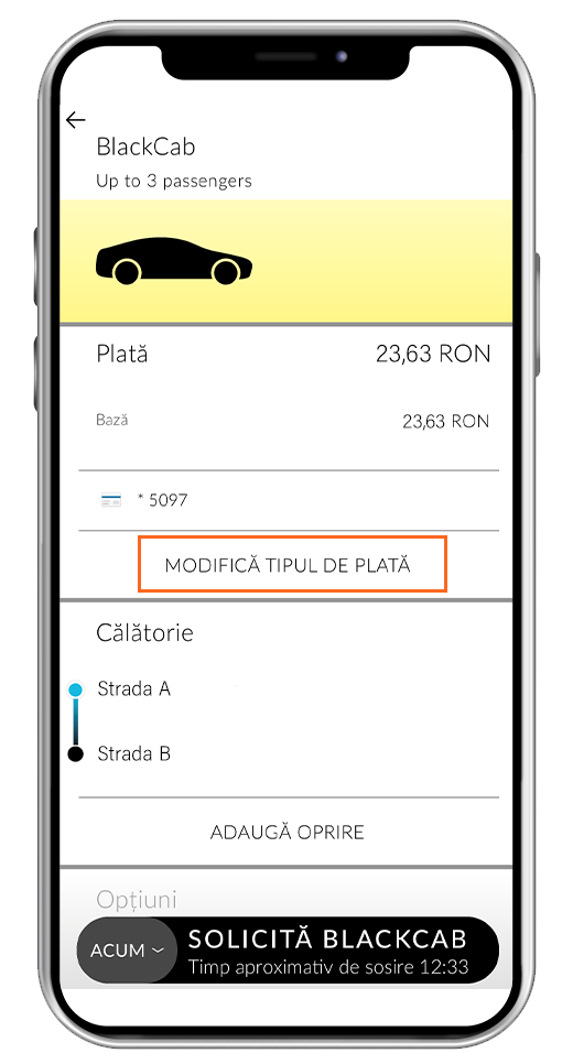 black cab app - modifica tipul de plata